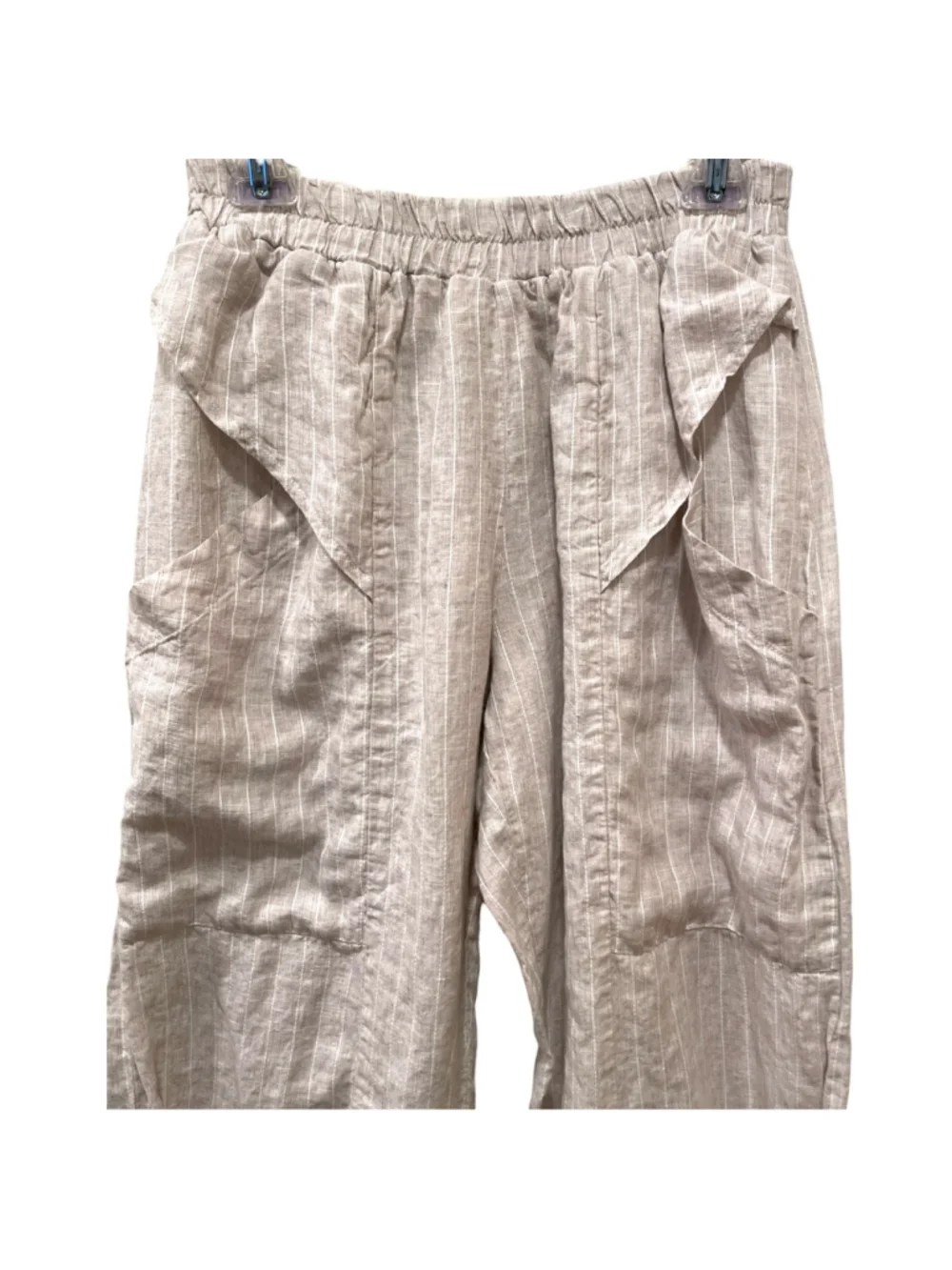 Luukaa Womens Size 10 Cropped Pants Pockets Beige Striped Linen Blend Stone